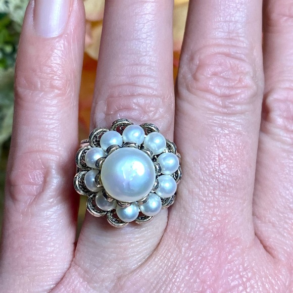 Vintage Estate Pearl Flower Cluster Ring ~ 925 Sterling Silver Antique Scroll - Picture 14 of 15